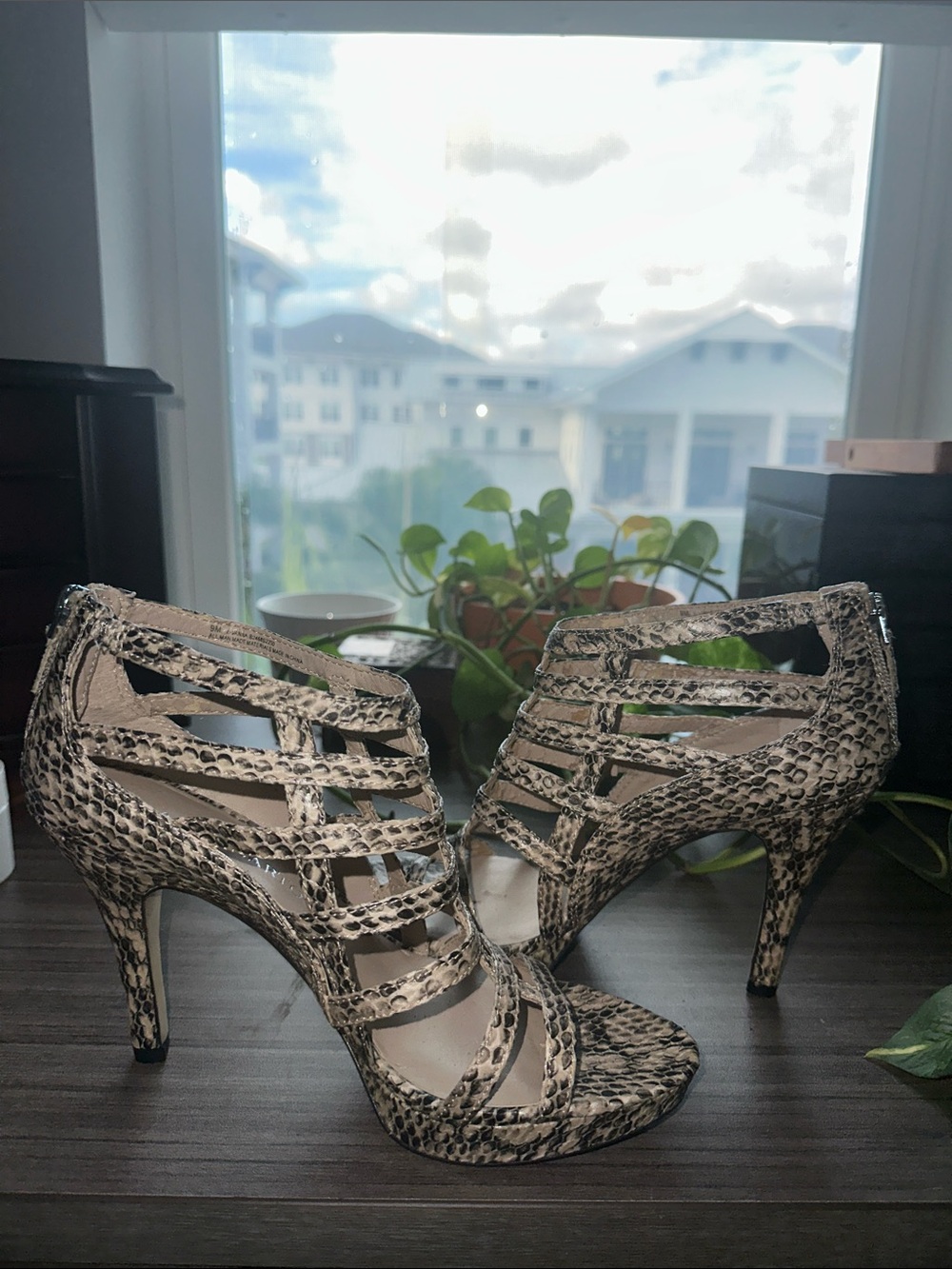 Franco Sarto Beige and Black Snake-Print Strappy Heels